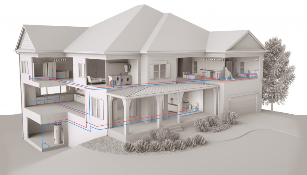 Large house residential project with drawn pipes
