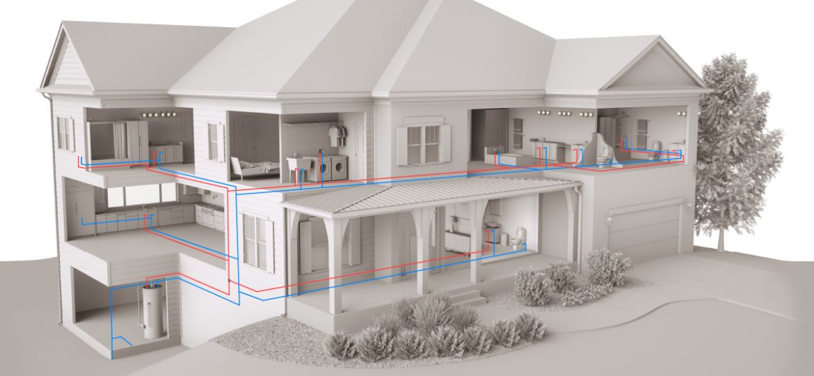 Large house residential project with drawn pipes